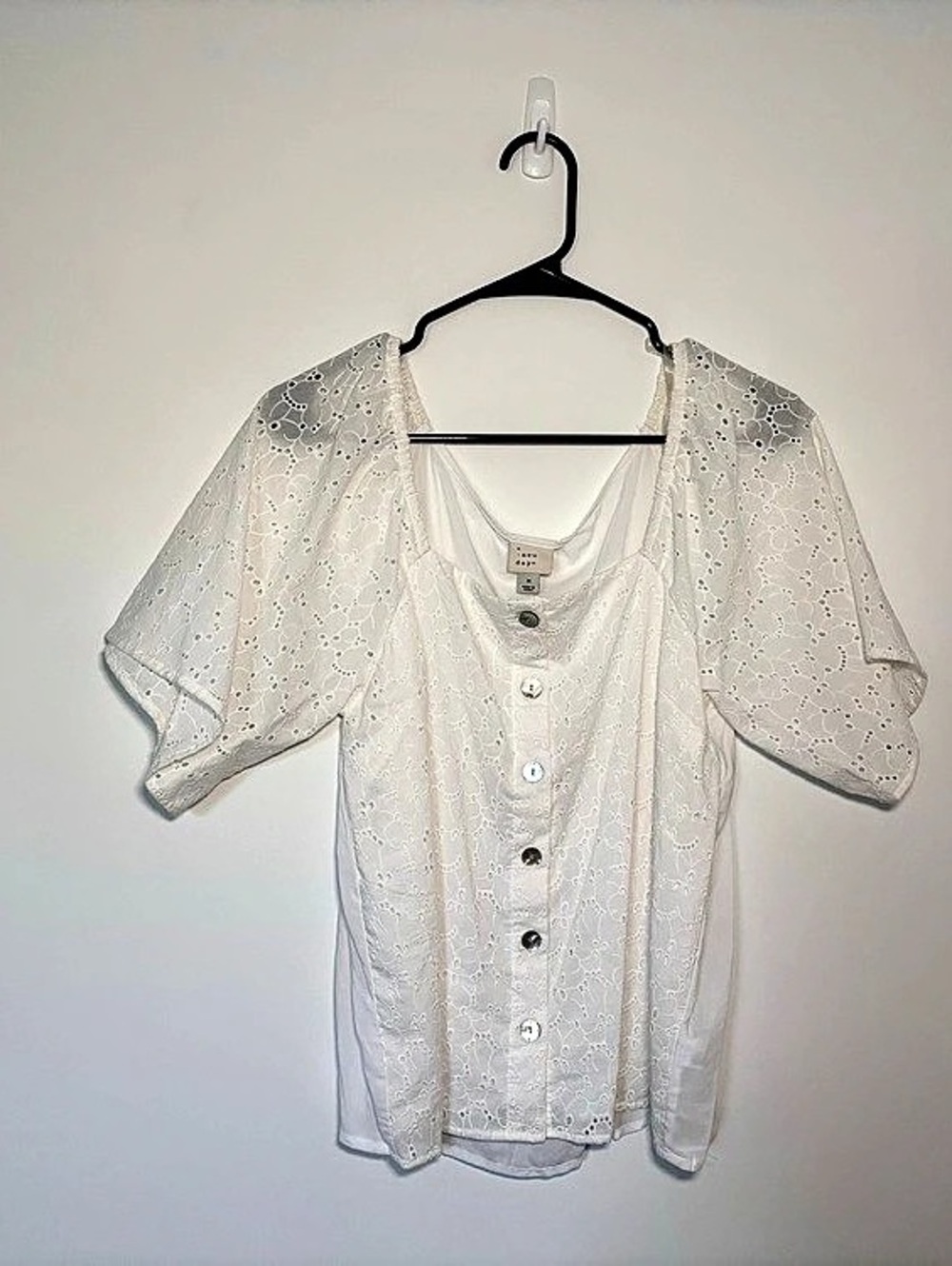 A New Day Short-Sleeve Square-Neck Eyelet Top White Blouse Size Medium